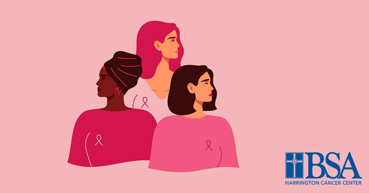 pink graphic of 3 diverse women wearing pink ribbons